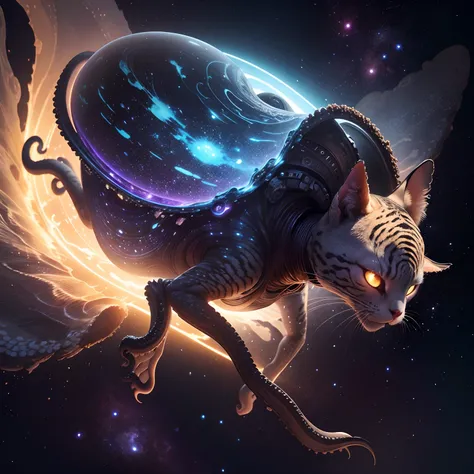 The alien is a creature that is a combination of a cat and an octopus, and his name is Goose. galaxy, plane, finest image, (8k, RAW photo, realistic), detailed and delicate depiction and flashy and dynamic painting method