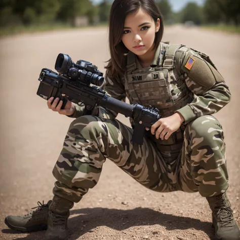 (Photorealistic), Beautiful lighting, Best Quality, Realistic, Full body portrait, real picture, Intricate details, depth of fields, 1girl in, On a warm day, Very muscular soldier girl with a haircut, Fatigue of the army wearing summer camouflage, Camoufla...