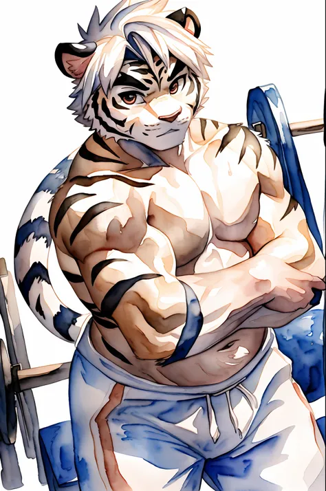 Hominidae, Pose for Camera. 4K, high resolution, Best quality, posted on e621, (Anthropomorphic white tiger:1.2), male people, 20yr old, Thick eyebrows, Light blue stripes, Ultra-short hair, shaggy, Strong body, large pecs, ((Shirtless)), He is practicing ...