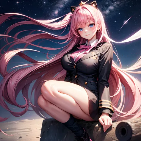 A starry sky，a beauty girl，anime a girl，Black Blazer，Ribbon on uniform，huge tit，a smile，Pink hair，blue eyess，beautiful a girl，Shes an Angel，girl，Long，​masterpiece，Excellent style，Loose Socks，超A high resolution，