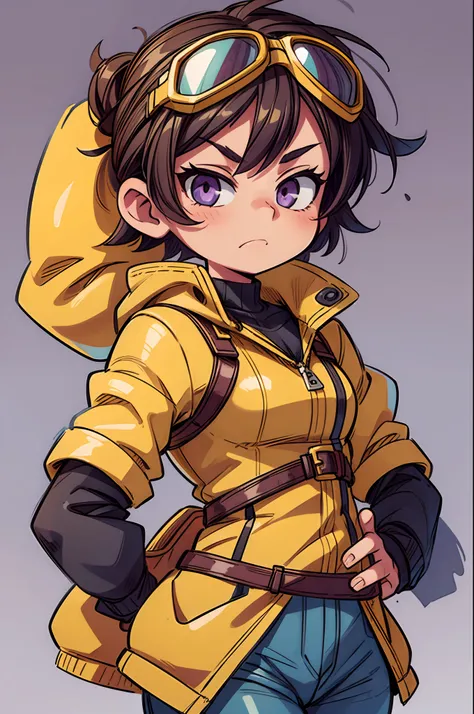 ((Best Quality, 8K, Masterpiece)), ((1girl)) in a yellow coat, black oversized jeans, goggles on head, with brown short hair, the eyes are purple, smug expression, white background, flat color, limited palette