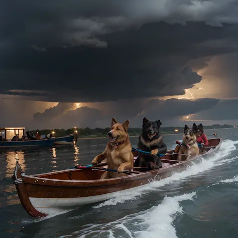 Dogs with human arms rowing a boat in a storm