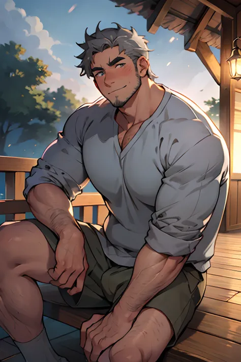 (highres:1.2),handsome ((older)) middle aged man,sitting on a deck in summer,warm smile,blushing,anime style, stubble, (wrinkles:1.2), swept-back dark gray hair, perfect detailed eyes, hairy body, gray body hair, vivid colors,soft lighting, bara, looking a...