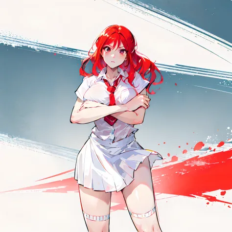 no background, character design, anime girl in a school uniform with a red hair and a white shirt, marin kitagawa fanart, anime style character, she has red hair, erza scarlet as a real person, in an anime style, flat anime style shading, in the art style ...