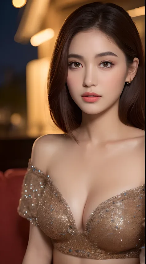 ((Night Scene, Realistic Light, Best Quality, 8K, Masterpiece: 1.3)), 1 Girl, Slim Body Beauty: 1.4, (Brown Hair, Middle Breast: 1.3), Off-Shoulder Cut Top: 1.3, Sofa, Ultra Detailed Face, Detailed Eyes, Double Eyelids, Disneyland, Cleavage