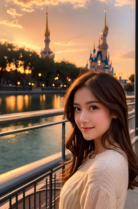 Beautiful mysterious woman with brown hair, Enjoy the sunset at beautiful Disneyland