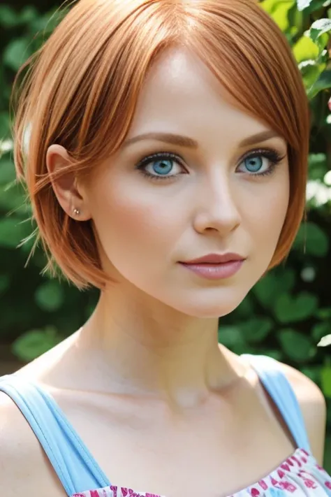 Petite 30 year old woman with short strawberry blonde hair and striking blue eyes wearing eye liner, pink lips, in a summer dress