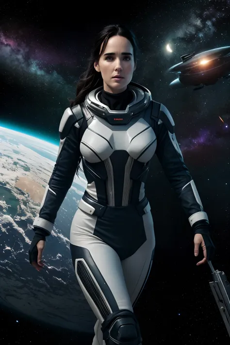 8K RAW Photo Highest quality)， Jennifer Connelly com um corpo perfeito， rosto e olhos super finos，cabelos compridos, (Olhos verdes), Spacegun laser，Tight spacesuit White and purple, peito grande e seios，Expor clivagem, corpo inteiro ,Estendendo as pernas,b...