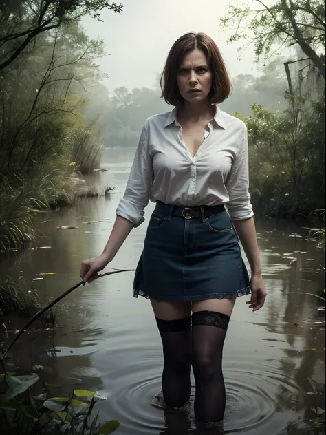 "(Best Quality,hight resolution:1.2),Mature Used Woman With Bad Reputation,wrinkles,Bob haircut,(jeans skirt:1.05),lace blouse,(lace stockings with garters), standingn, ( drowning in a swamp:1.2),expression of despair,Dark and moody lighting, terror. The p...