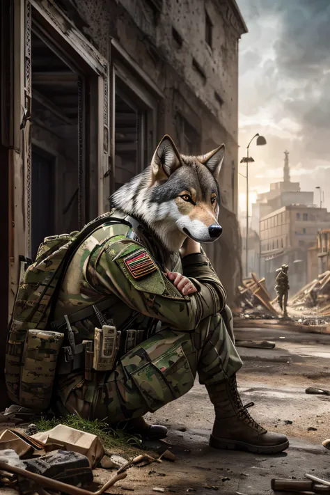 photorealistic raw portrait, anthropomorhic wolf in army uniform, hunched in corner, lost in melancholy, dingy deserted building...