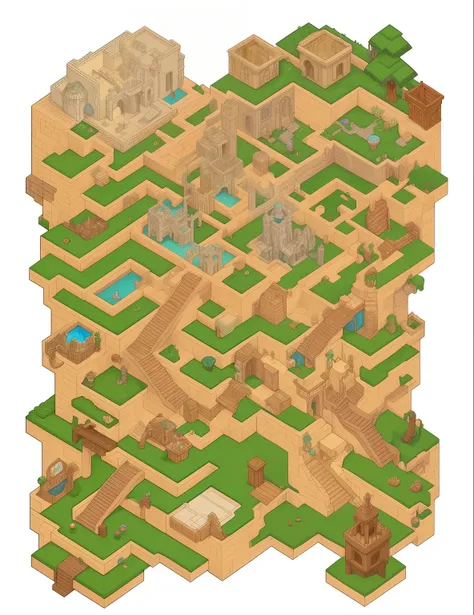 una imagen de dibujos animados de un laberinto con escaleras y una piscina, laberinto como, labyrinthine, An isometric fantasy map, isometric art, isometric map, Hedgemaze, Isometric view of a magicians tower, Laberinto de calles, isometric game, pixel art...