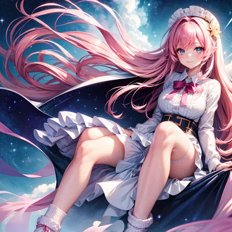 A starry sky，a beauty girl，anime a girl，Ribbon on uniform，huge tit，a smile，Pink hair，blue eyess，beautiful a girl，Shes an Angel，girl，Long，​masterpiece，Excellent style，Loose Socks，超A high resolution，