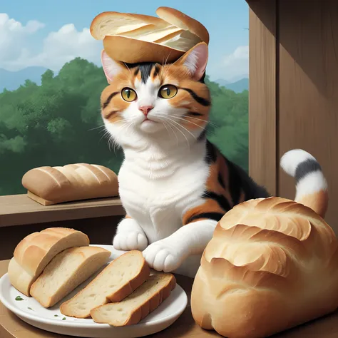 Calico cat with bread on its head