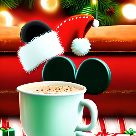 Mickey Mouse drinking hot chocolate on a couch with Christmas decorations