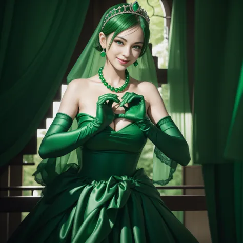 emerald tiara, Green Pearl Necklace, Boyish very short green hair, lipsticks, Japan woman smiling, very short short hair,  big breasts beautiful, Green eyes, Long green gloves made of satin material, Green eyes, Emerald Earrings, green vale, Heart with bot...