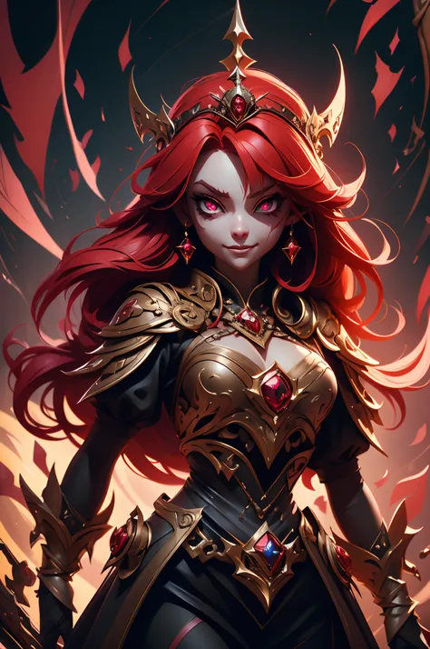 The Dark Princess of Blood-Eyed, Red hair, crown, Evil smile, Anime style, Lens flare, High detail, first person perspective, Cinematic lighting, Masterpiece, Super detail, Best quality, 8K, hyper HD