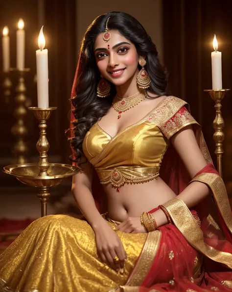 (masterpiece Portrait Photography:1.3) of a ravishing tall seductress Kalyani Priyadarshan celebrating Diwali by lighting Diyas, in a elegant Lane, wearing elegant Lehenga and Choli, navel, (ravishing glossy wavy backlit hair),lots of diyas, (big intricate...