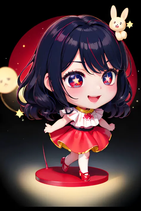 ((top-quality))、 ((​masterpiece))、Place one small doll on a circular stand、kawaii pose、A smile、A dark-haired、Chibi Doll、Stars in the eyes（kirakira）、Sing with the microphone in hand、Eye Up、Laugh、Cute red shoes、Ultra Detail, radiant light、bio luminescent、Str...