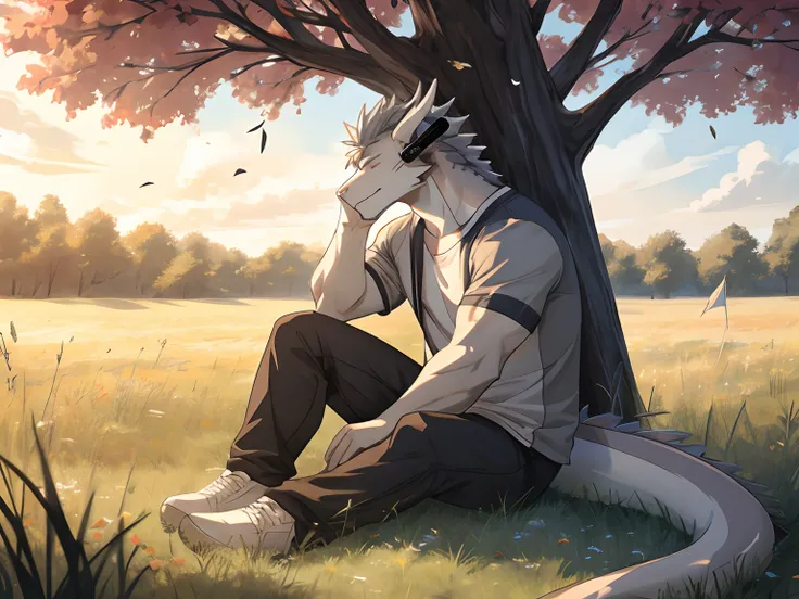 Masterpiece, Furry Gray Dragon, Muscular Body, Eyes Closed, Grey Medium Hair, Casual Set, Casual Clothes, Fierce, Good looking, Sad Expression, Sad Vibes, Sitting in Grass, Near Tree, Alone, Feeling the breeze wind, Afternoon, Listening To Music, Wearing E...