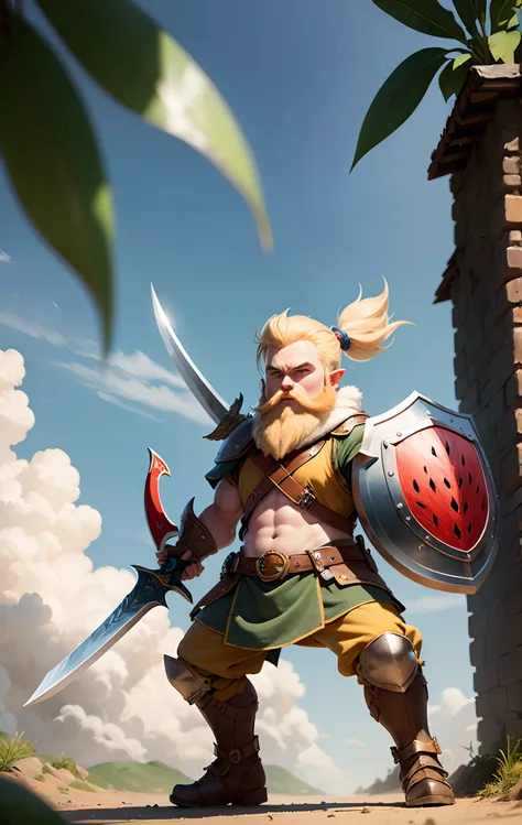 Full body image of blond bearded dungeons and dragons gnome fighter wielding banana themed sword and watermelon themed shield braces for battle