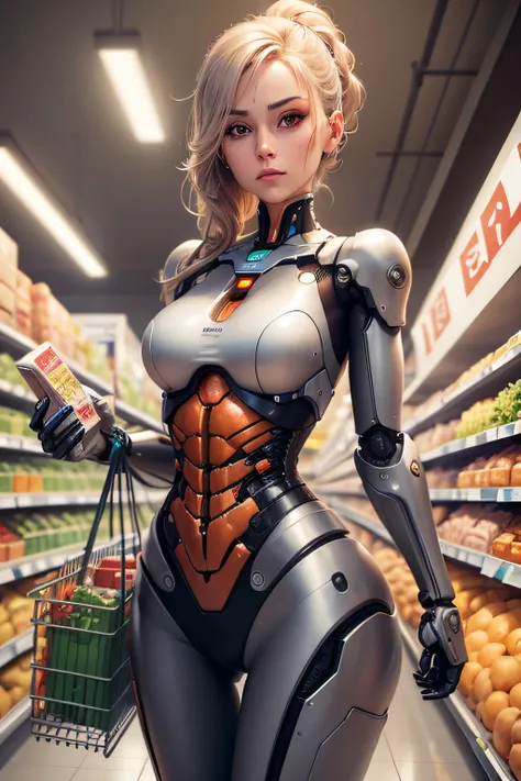 Female robot buying groceries at the grocery store　Mechanical body　Mechanical arm　mechanical legs　The background is the interior of a grocery store, nffsw, retinas, masutepiece, ccurate, Anatomically correct, Textured skin, Super Detail, high details, High...