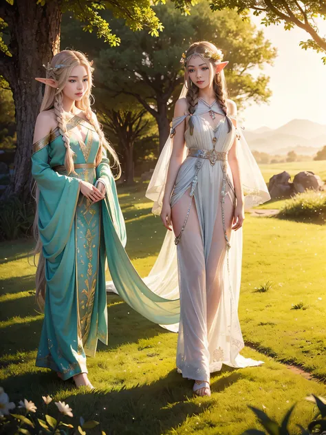 Graceful elven girl standing in meadow, Delicate face illuminated by the soft light of the setting sun. Her long, Flowing hair runs down your back, Decorated with intricate braids、Adorned with sparkling gemstones. This great photo is、、、It captures the ethe...