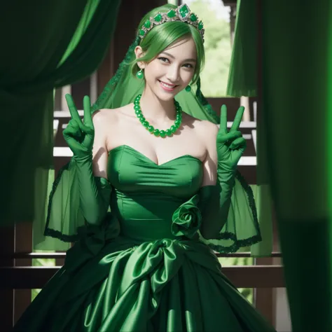 emerald tiara, Green Pearl Necklace, Boyish very short green hair, lipsticks, Japan woman smiling, very short short hair, big breasts beautiful, Green eyes, Long green gloves made of satin material, Green eyes, Emerald Earrings, green vale, v sign