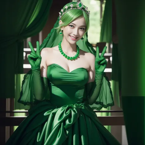 emerald tiara, Green Pearl Necklace, Boyish very short green hair, lipsticks, Japan woman smiling, very short short hair, big breasts beautiful, Green eyes, Long green gloves made of satin material, Green eyes, Emerald Earrings, green vale, v sign