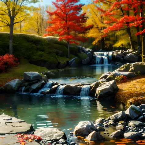 crustacean, daggers, Onsen, pond, legos (mediating),Autumn view, Best quality, Masterpiece, offcial art,