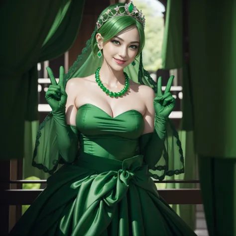 emerald tiara, Green Pearl Necklace, Boyish very short green hair, lipsticks, Japan woman smiling, very short short hair, big breasts beautiful, Green eyes, Long green gloves made of satin material, Green eyes, Emerald Earrings, green vale, v sign