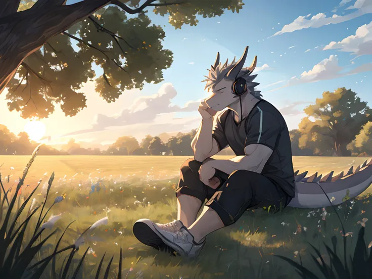 Masterpiece, Furry Gray Dragon, Muscular Body, Eyes Closed, Grey Medium Hair, Casual Set, Casual Clothes, Fierce, Good looking, Sad Expression, Sad Vibes, Sitting in Grass, Near Tree, Alone, Feeling the breeze wind, Afternoon, Listening To Music, Wearing E...