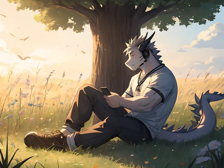 Masterpiece, Furry Gray Dragon, Muscular Body, Eyes Closed, Grey Medium Hair, Casual Set, Casual Clothes, Fierce, Good looking, Sad Expression, Sad Vibes, Sitting in Grass, Near Tree, Alone, Feeling the breeze wind, Afternoon, Listening To Music, Wearing E...