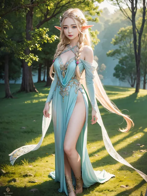 Graceful elven girl standing in meadow, Delicate face illuminated by the soft light of the setting sun. Her long, Flowing hair runs down your back, Decorated with intricate braids、Adorned with sparkling gemstones. This great photo is、、、It captures the ethe...