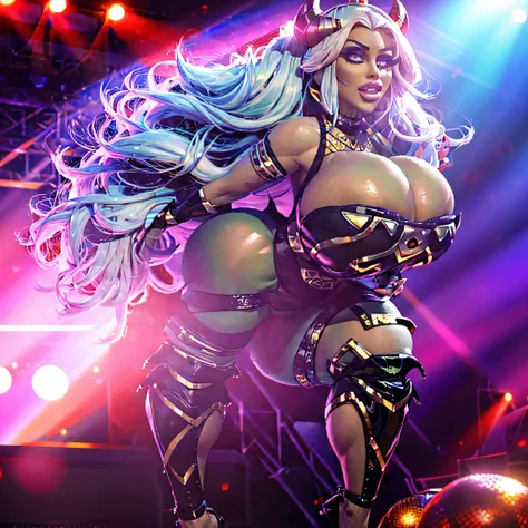 only females, demon queen goddess, 1person, hyper Gargantuan pawg, hyper Gargantuan bimbo, hyper Gargantuan breasts, on stage, in bimbo stockings and high heels, hyper Gargantuan ass, long hair, hyper Gargantuan birthing hips, hyper Gargantuan lips, slim w...