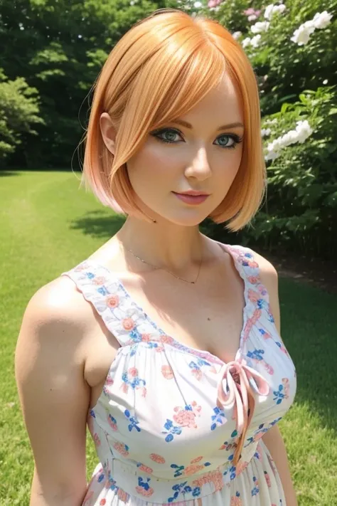 Petite 30 year old woman with short straight orange blonde hair and striking blue eyes wearing eye liner, pink lips, in a summer dress, detailed face, full body pose