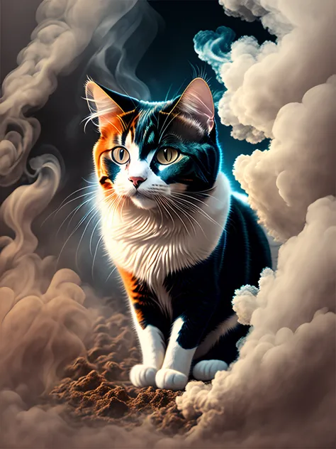 calico cat in the smoke, vibrant, dark fantasy