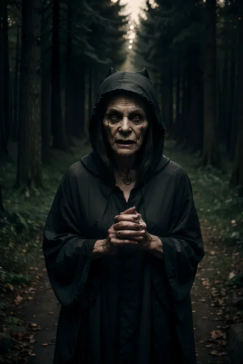 an eighty year old witch woman, very ugly and poorly dressed, wearing a hood with a scary face, alone in a forest at night invoking the spirit of an old prophet, realistic image in 4k