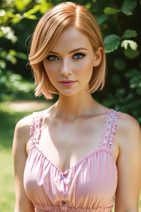 Petite 30 year old woman with short blonde hair and striking blue eyes wearing eye liner, pink lips, in a summer dress