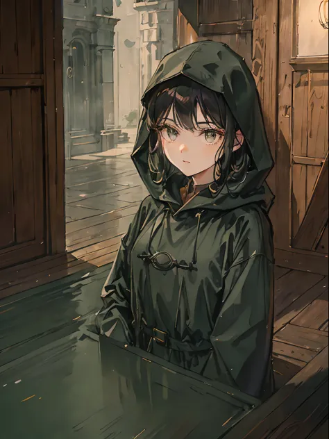 Tall girl, Dark green hood, hair light, Armenian Nose, dark eyes, Floor-to-floor raincoat, Detailed, hiquality, good anatomy