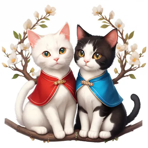 best qualityer，16K HD graphics，detail-rich，Two white-flowered cats sit on a small branch in each others arms，Wear a red vest，(adolable)，(grin)，(Super cute)。transparent background