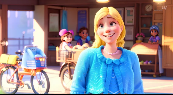 (girl smiling happily,bicycling,Disney style,best quality,ultra-detailed,realistic,vibrant colors,soft lighting)