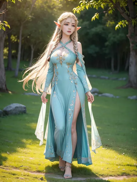 Graceful elven girl standing in meadow, Delicate face illuminated by the soft light of the setting sun. Her long, Flowing hair runs down your back, Decorated with intricate braids、Adorned with sparkling gemstones. This great photo is、、、It captures the ethe...