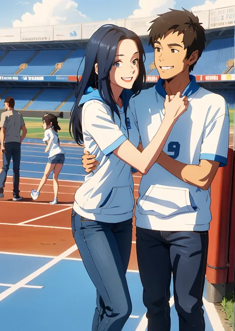 Couple side hugging each other at a track and field track. The guy has short hair and the girl has long smooth hair. The guy is wearing a blue hoodie with jeans and boots while the girl is wearing her white shirt and blue shirt soccer uniform. They both ha...