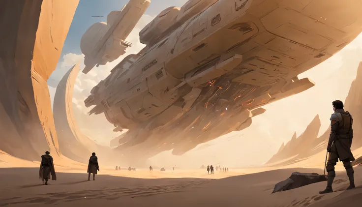 Dune concept art，Clean and neat tones，Sci-fi base scene，Huge scene，Square-shaped complex，Soviet aesthetic architecture，huge buildings，There are many ships in the air，Size contrast，crowd of，Soldiers versus soldiers，Big scenes of war，smog，epic concept art，Fi...