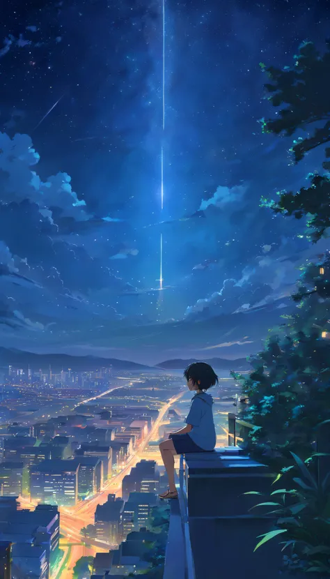 octane, sky, star (sky), landscape, starry sky, night, only child, night sky, solo, outdoor, signature, building, clouds, milky way, sitting, tree, long hair, city, silhouette, cityscape