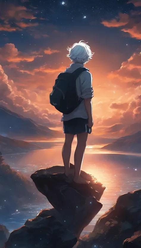 Anime boy standing on a rock looking at the sky full of stars, Makoto Shinkai Cyril Rolando, Anime art wallpaper 4k, Anime art wallpaper 4 K, Anime art wallpaper 8 K, Cosmos Sky. By Makoto Shinkai, Inspired by Cyril Rolando, in the style dan mumford artwor...