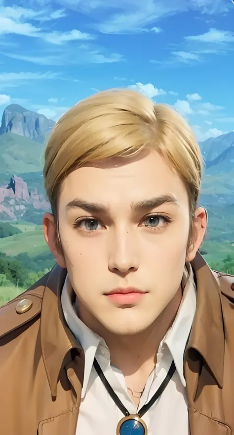 Real life adaption of this character, adult Handsome face, realistic same hair, (realistic same outfit), realistic same background battlefield with black smoke, realistic light, realistic shadow, realism, hyper realistic,(photorealistic:1.2)