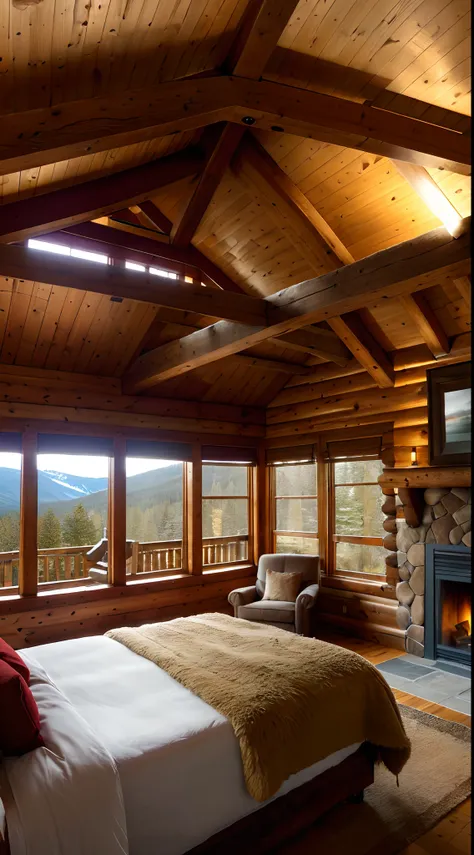 create a hyper-realistic image of a cozy room in a mountain cabin. the bedroom has a rustic wooden double bed, with a red checke...