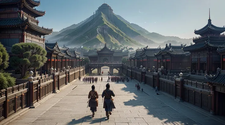 There was a large group of people walking around the city, Beautiful rendering of the Tang Dynasty, epic cinematic matte painting, Huge temple city, 3 d render and matte painting, big and structured valhalla city,highly detailed matte painting, 8k matte pa...