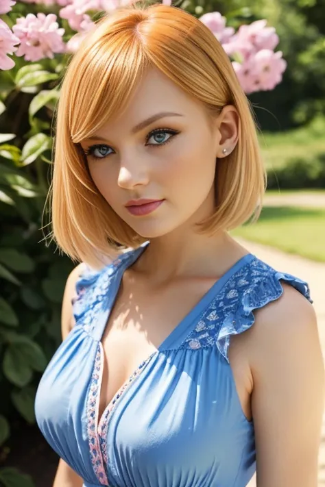 Petite 30 year old woman with short straight light blonde hair and striking blue eyes wearing eye liner, pink lips, in a blue summer dress, detailed face, full body pose